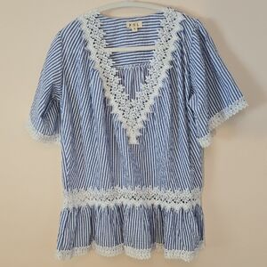 POL SZ SM BLUE And White Stripe With Lace Detail NWOT